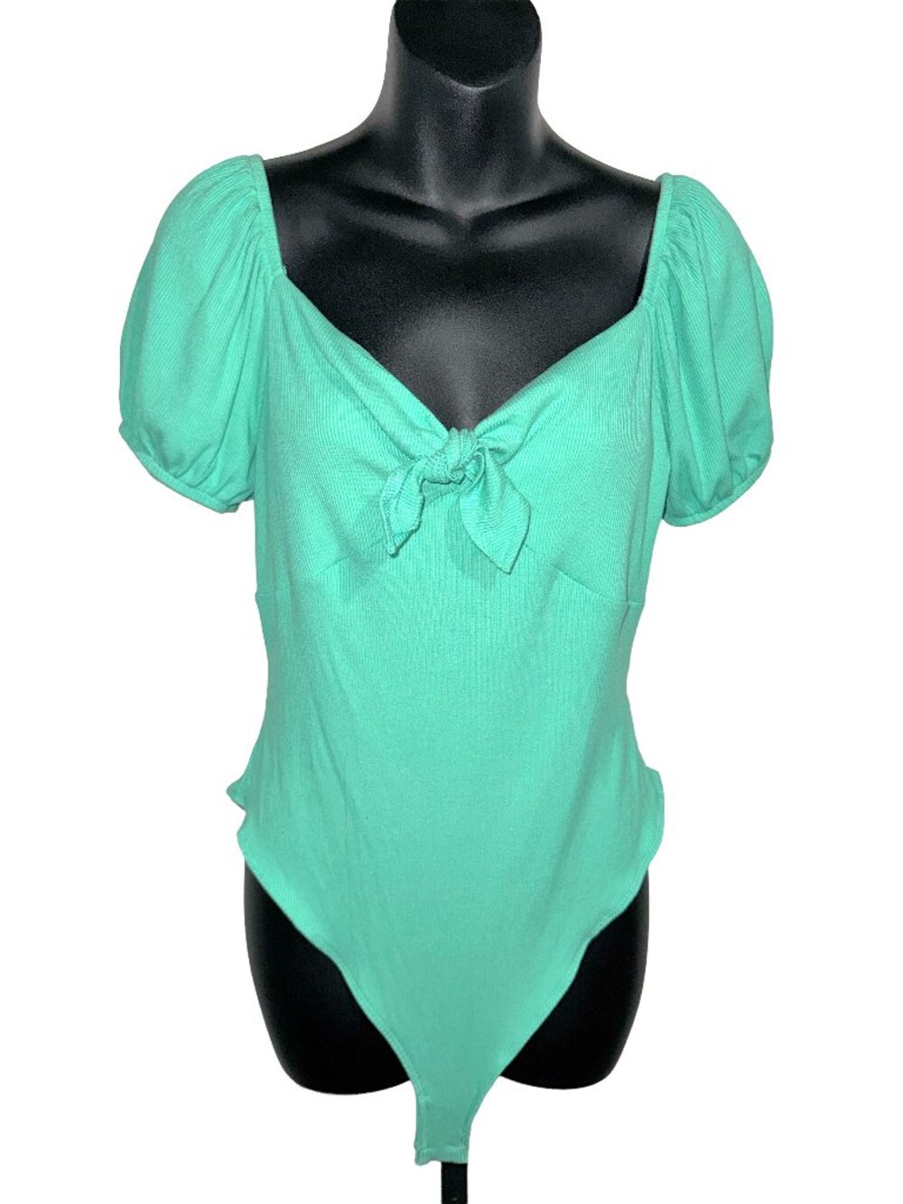 LC Lauren Conrad Puff Sleeve Front-Knot Bodysuit Aqua Teal Size Large
